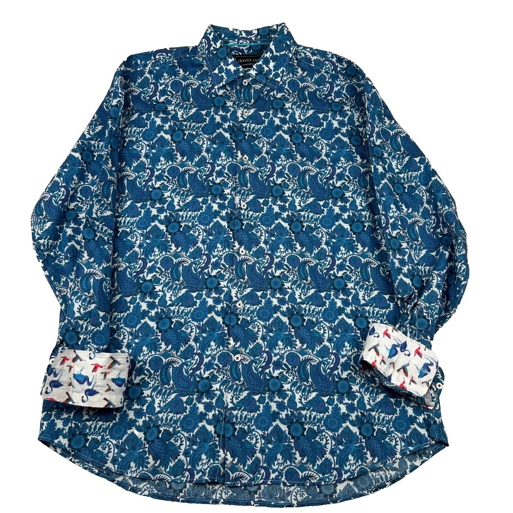 David Smith Australia Mens 2XL Blue Paisley Shirt Flip Cuff Tropical Birds Butto